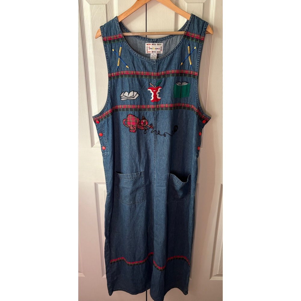 VINTAGE Tantrums Denim Teacher Artsy Modest Maxi Jumper Dress 1X